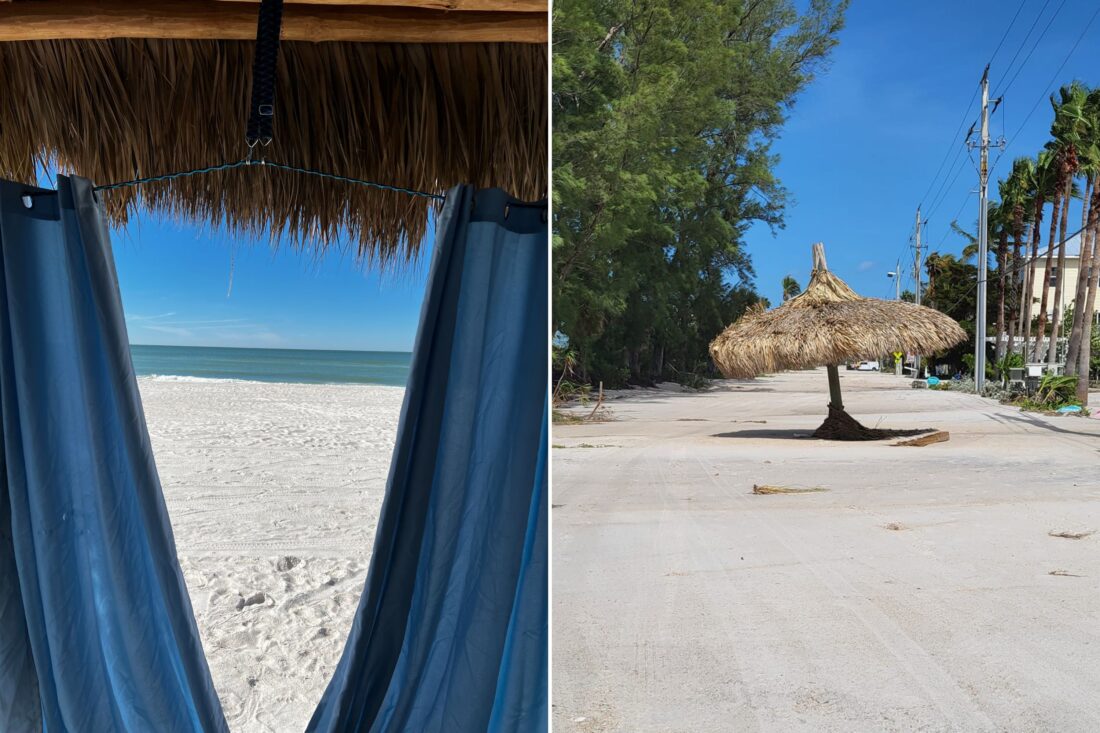 Two photos of huts with thatched-roofs