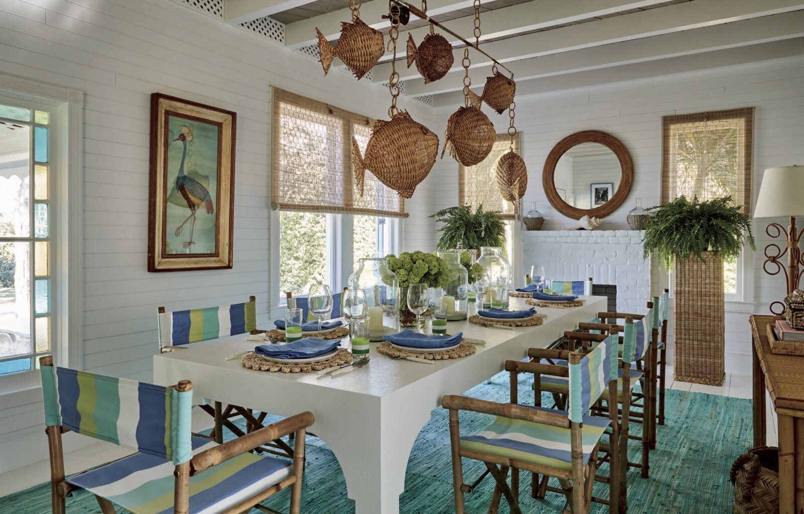 A kitchen with a woven fish chandelier