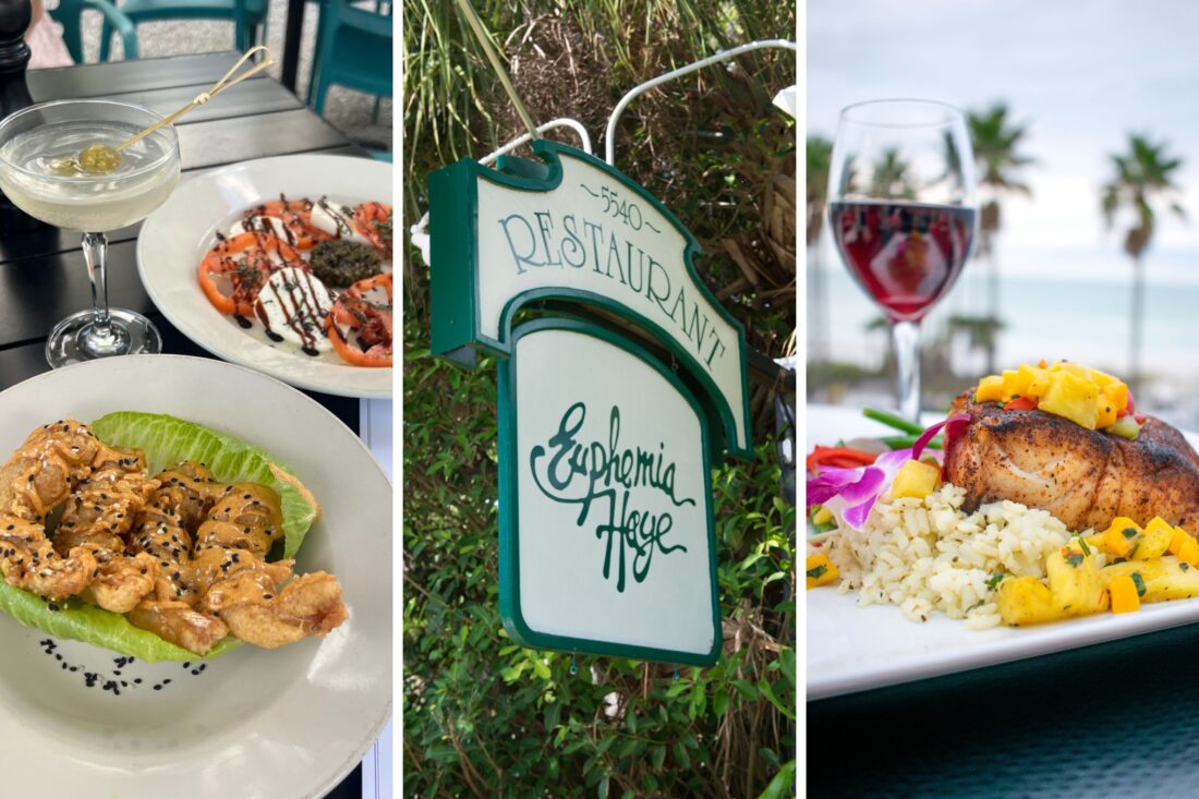 Three photos: two dishes, a restaurant sign, a dish of food next to a wine glass