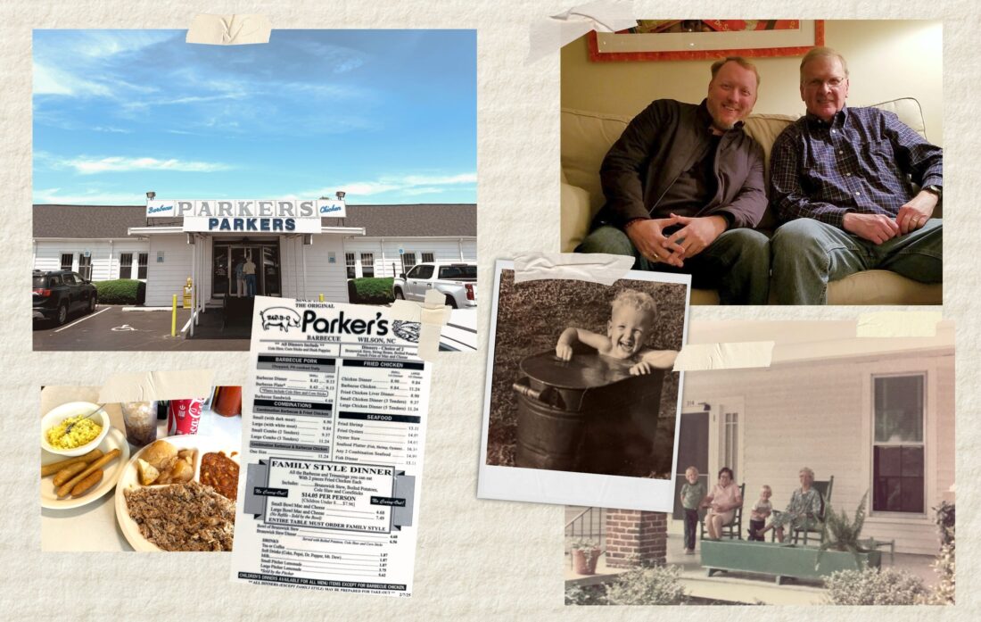 A photo collage of a restaurant front, menu, plate of BBQ, and family photos