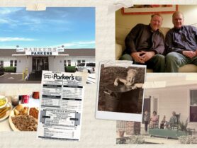 A photo collage of a restaurant front, menu, plate of BBQ, and family photos