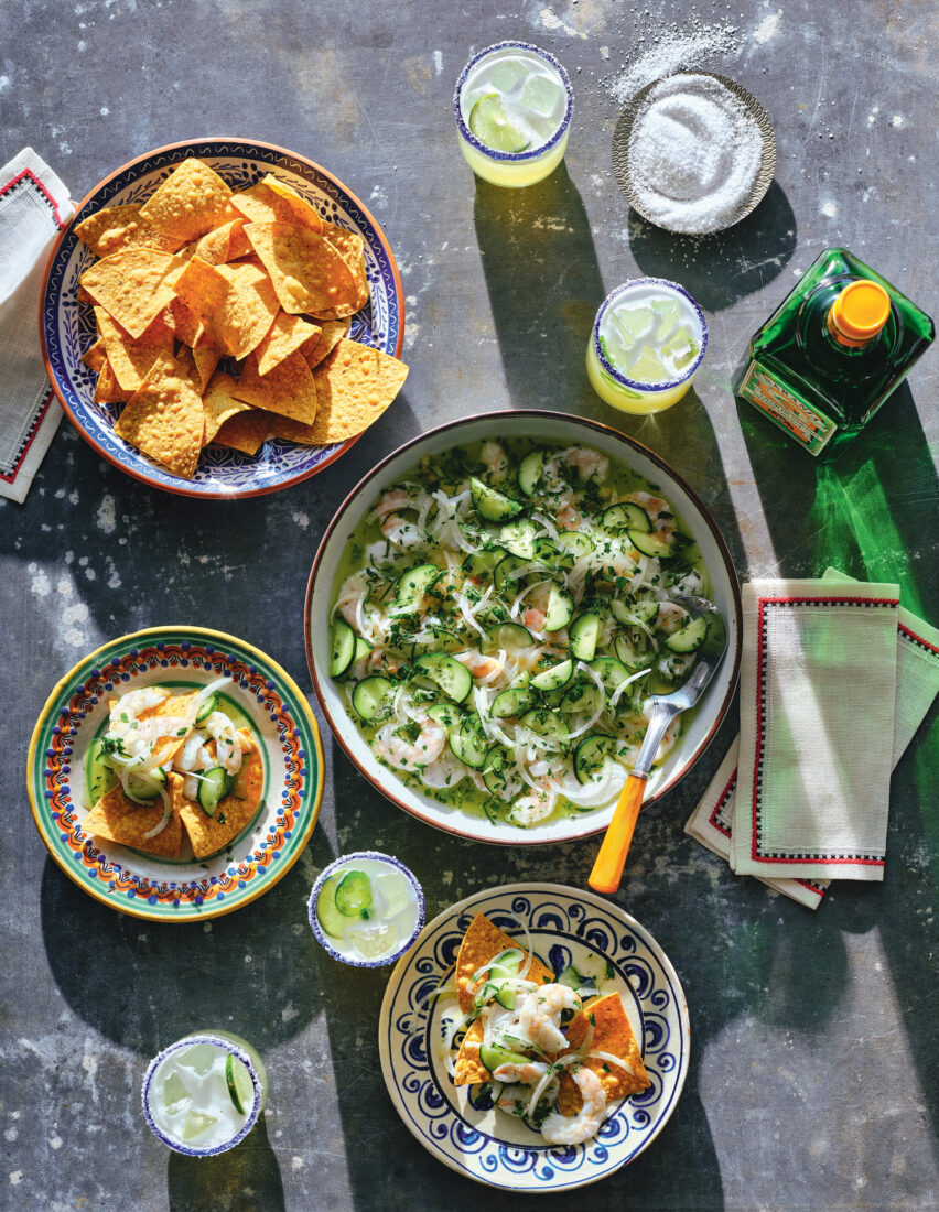 Plates of aguachile and chips