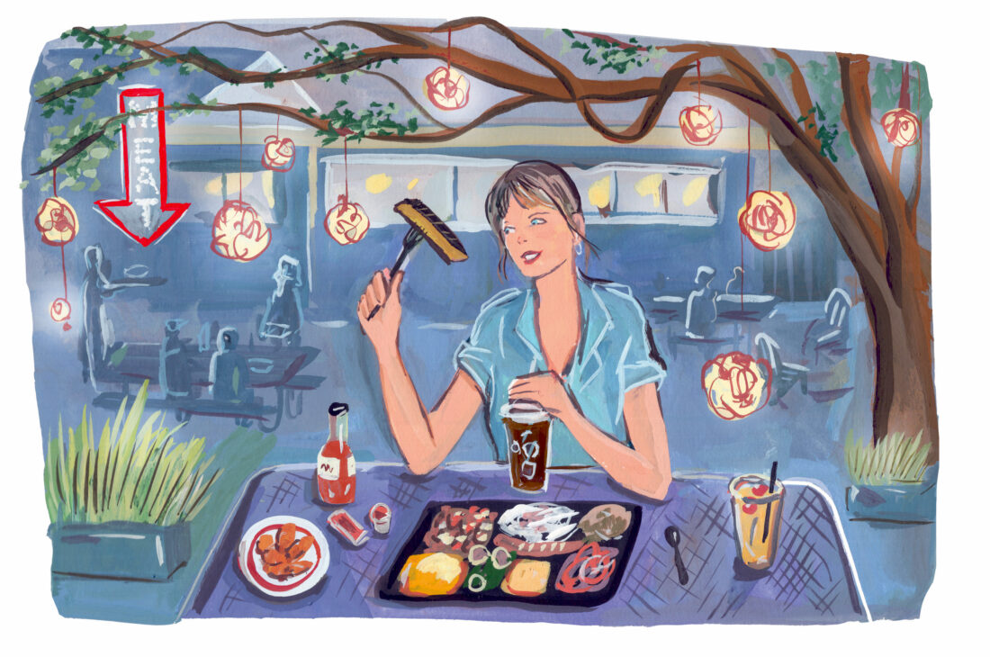 An illustration of a woman eating dinner