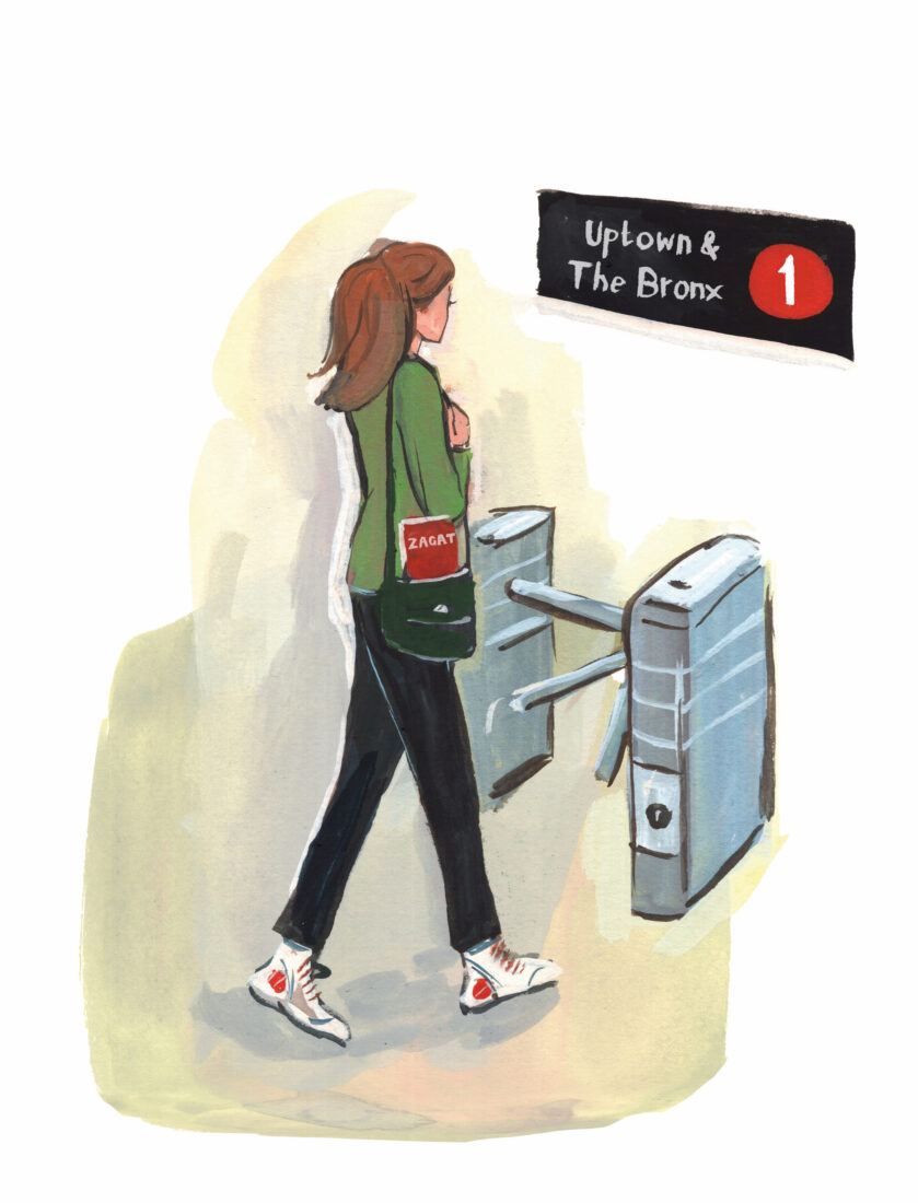 An illustration of a woman walking through a turnstile