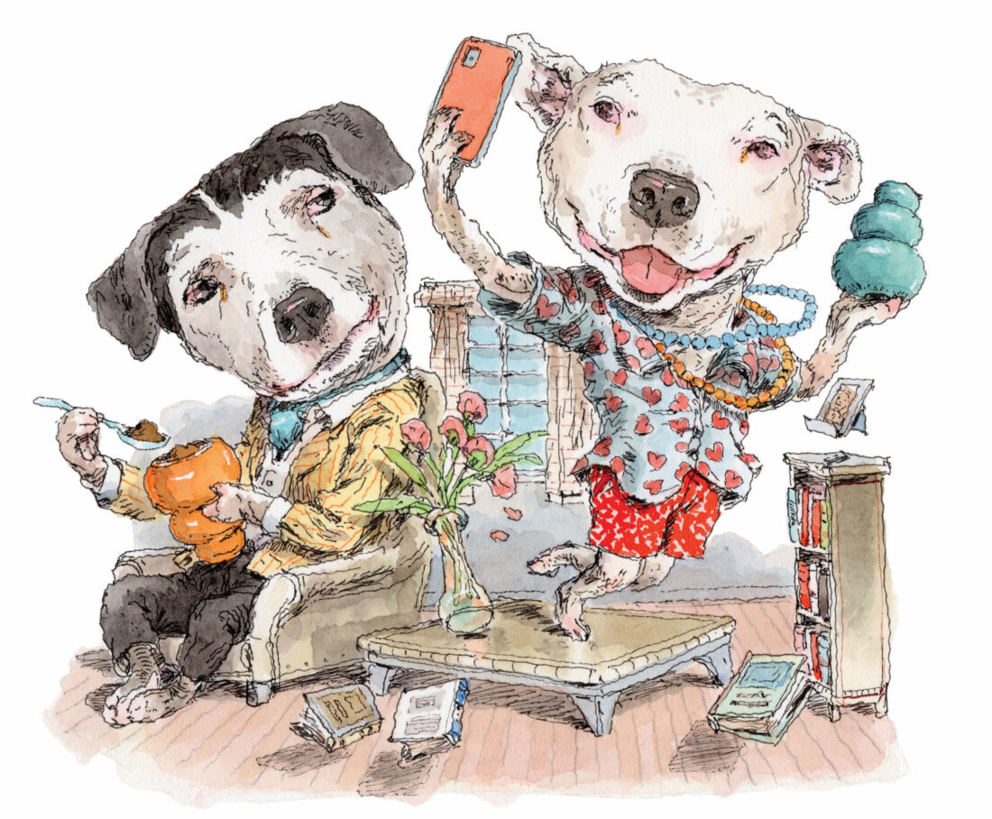 An illustration of two dogs in a living room; one holds a kong of peanut butter, the other has a phone