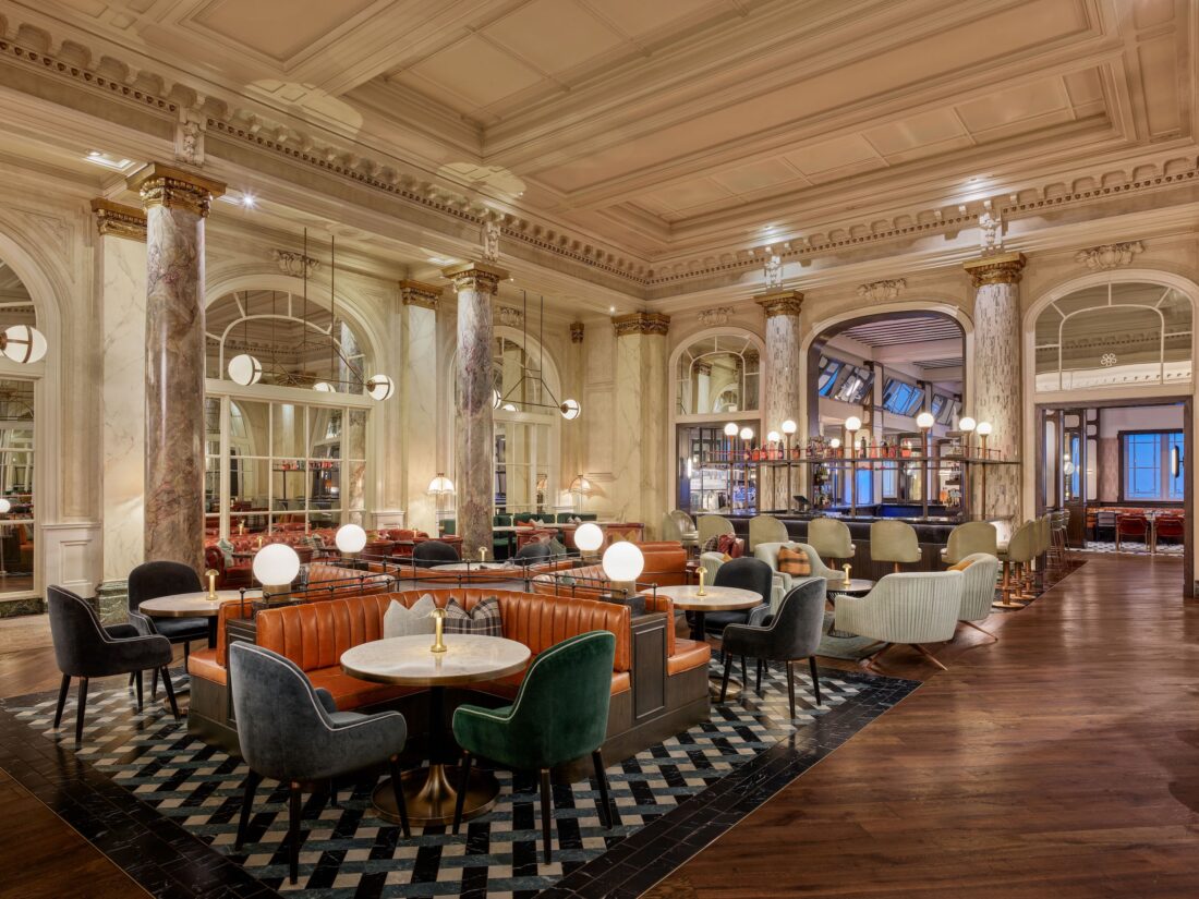 A modern hotel interior lobby bar