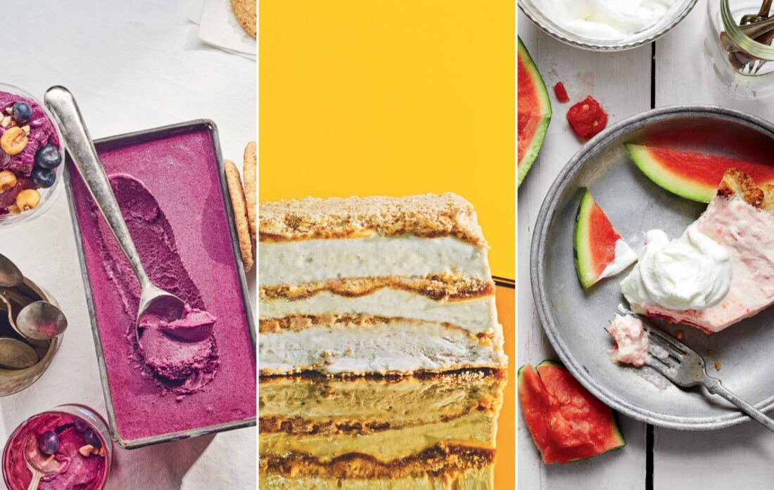 A collage of three desserts: blueberry ice cream; banana pudding; a watermelon chiffon pie
