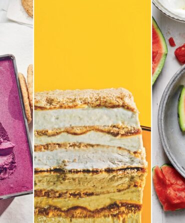 A collage of three desserts: blueberry ice cream; banana pudding; a watermelon chiffon pie
