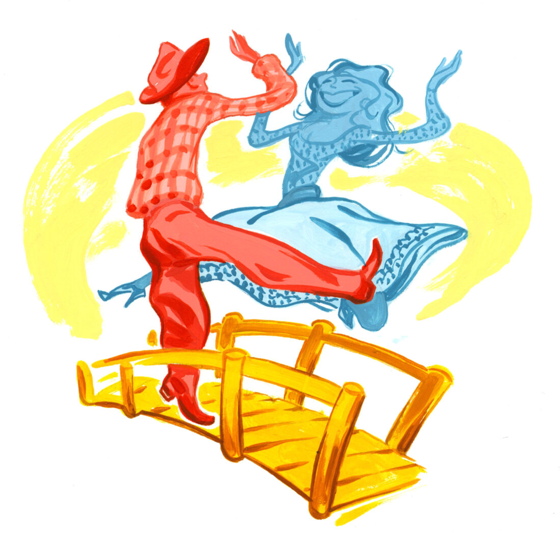 An illustration of a man and woman dancing on a bridge