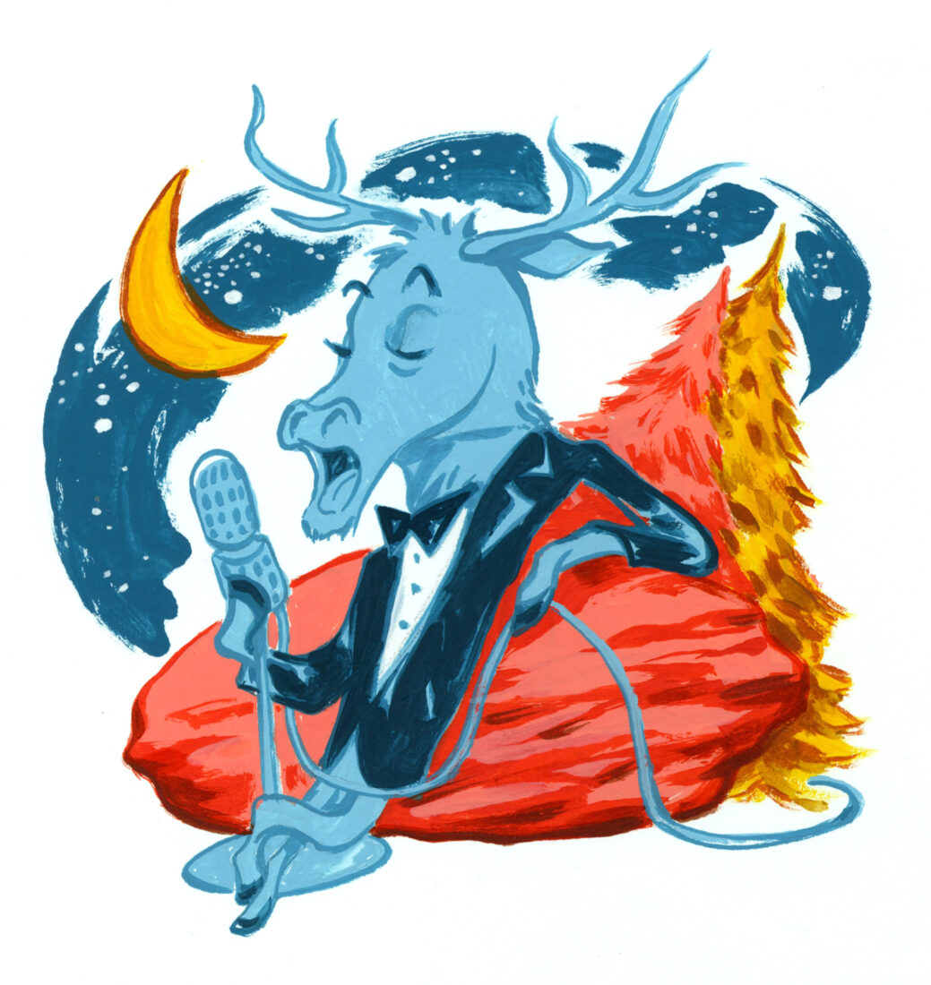 An illustration of an elf with a microphone