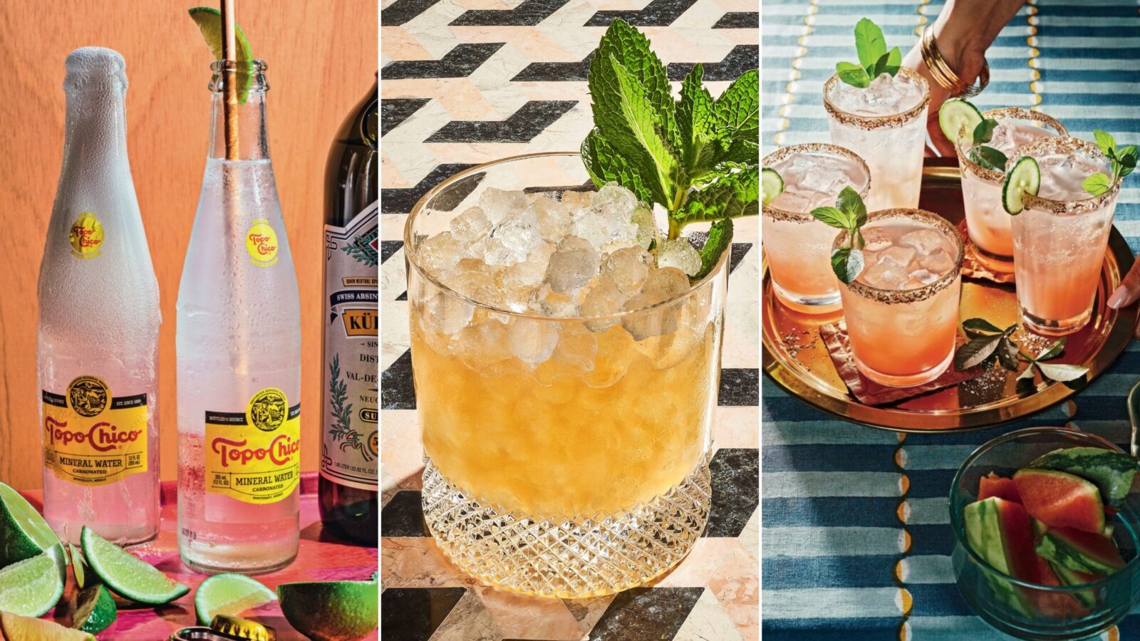 A collage of three different cold cocktail drinks
