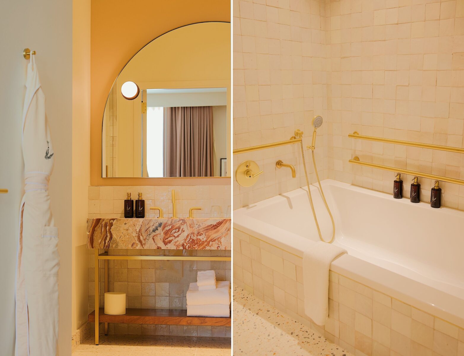 A collage of two images: a bathroom sink with red marble; a bathroom tub