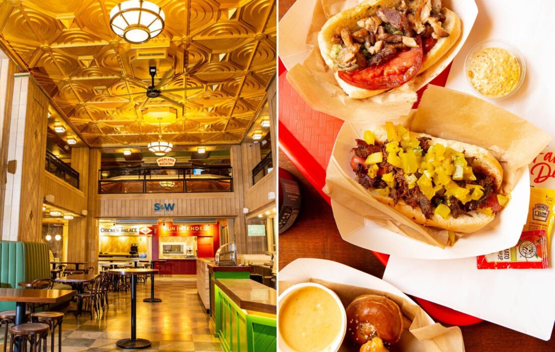 Inside an art deco food hall; a tray of hot dogs