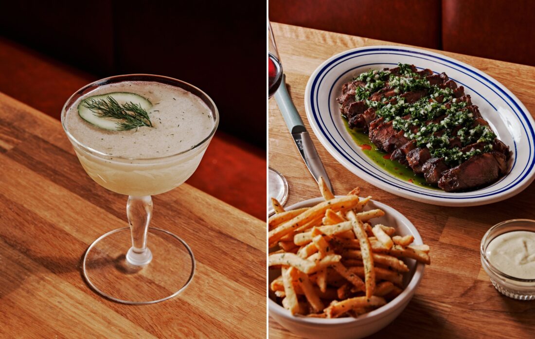 A cucumber dill cocktail' a plate of steak and fries