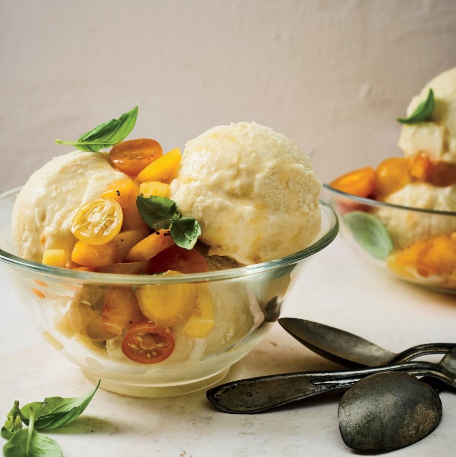 sweet frozen corn custard with peach and cherry tomato sauce