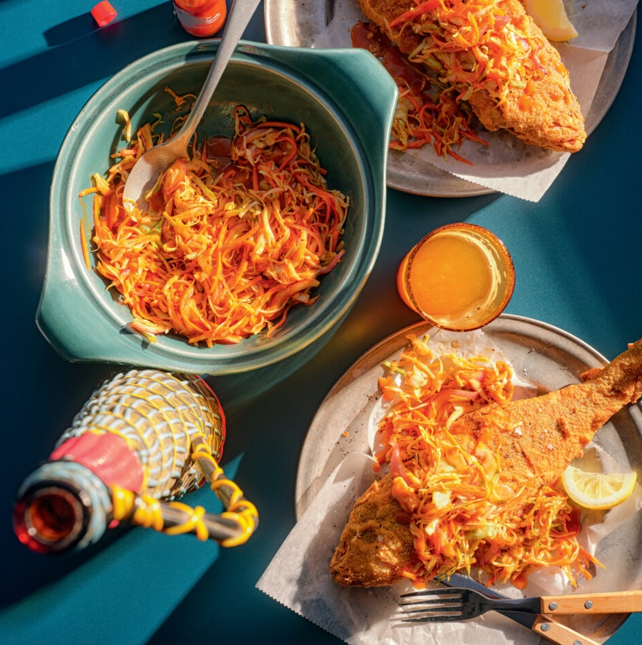 sweet and tangy slaw, fried fish