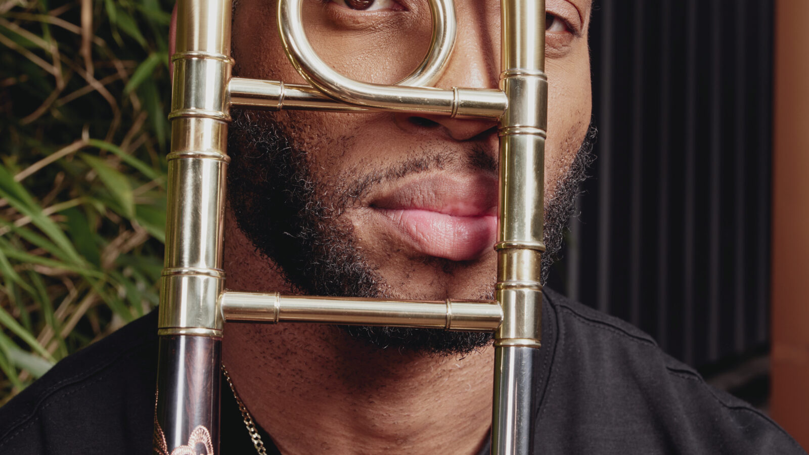A portrait of a man with a brass instrument in front of his face