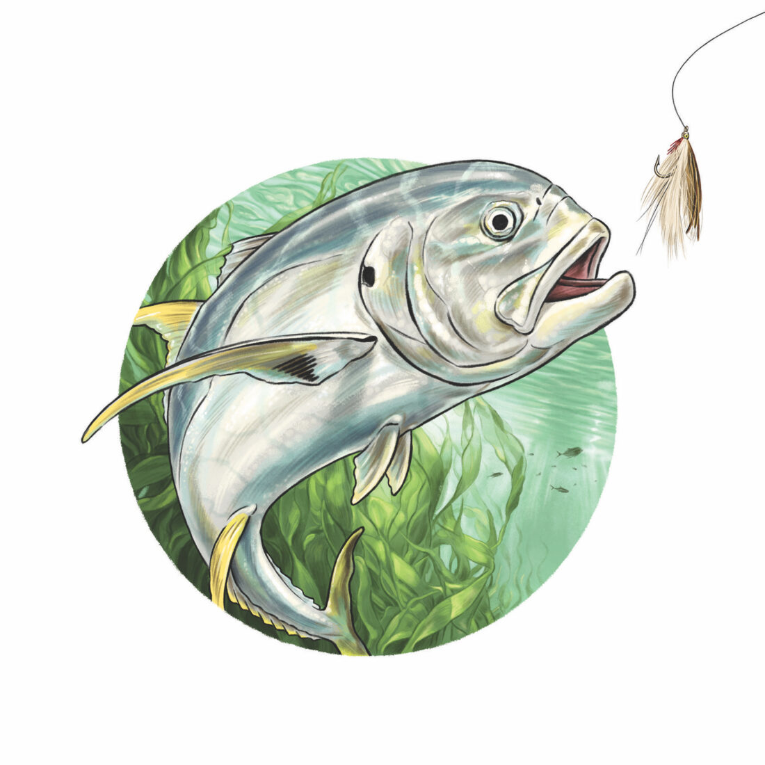 An illustration of a fish swimming toward a hook
