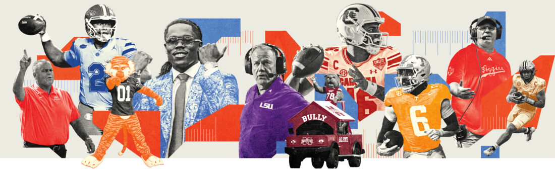SEC coaches, players, and mascots collage