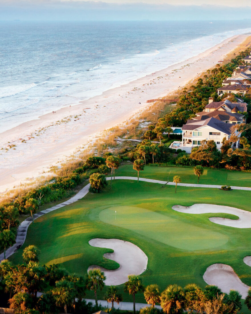 An aerial view of a golf course off the coast of Hilton Head Island