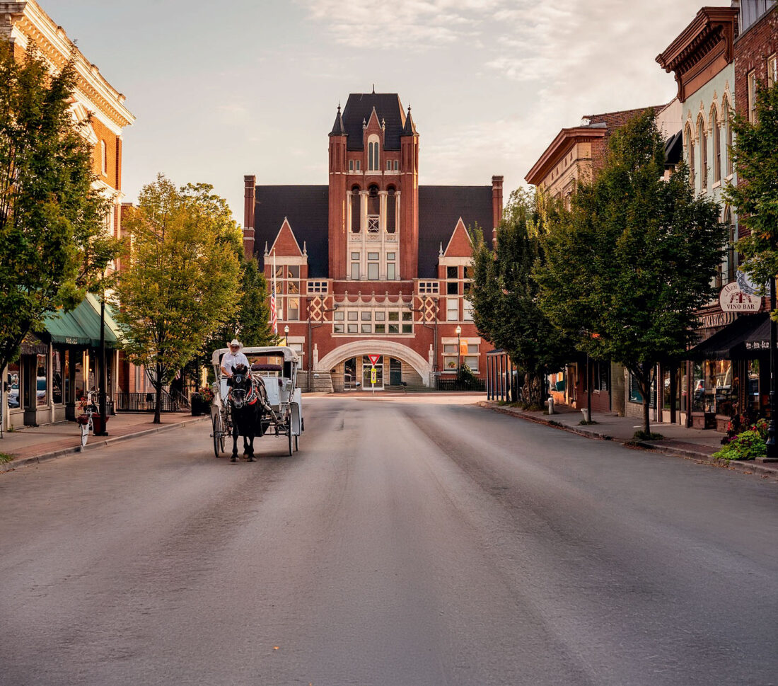 A horse drawn carriage going down an empty street in front of a city hall