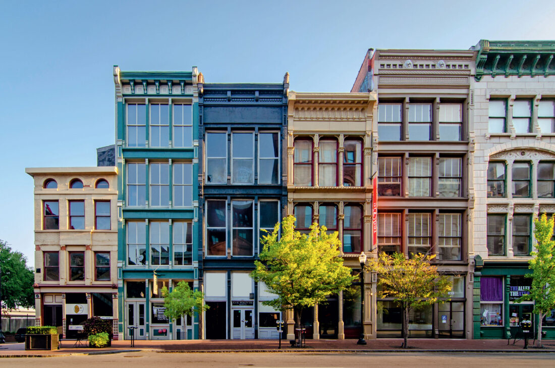 A street view of multicolor building in downtown Louisville