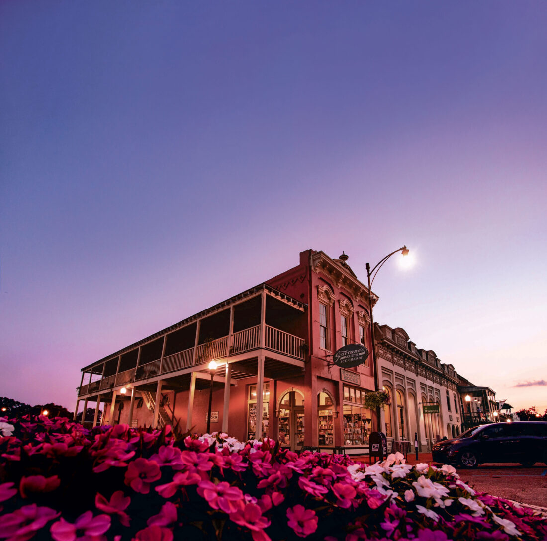 A bookstore at dusk with pink flowers in front of it