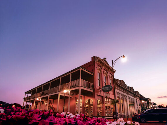 A bookstore at dusk with pink flowers in front of it