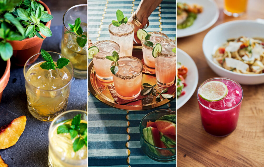 peachy bourbon cocktail, watermelon-cucumber coolers, beet margarita