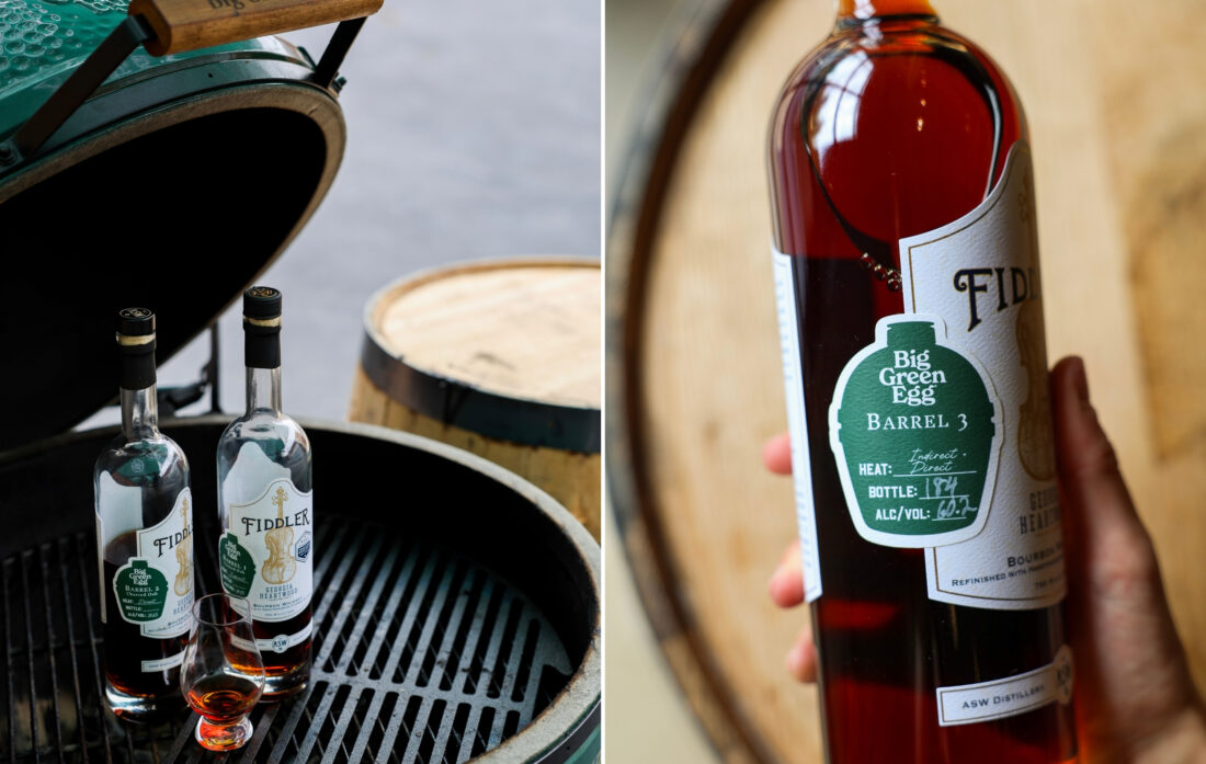 a collage of bourbon on a Big Green Egg grill and a hand holding a Big Green Egg bourbon bottle