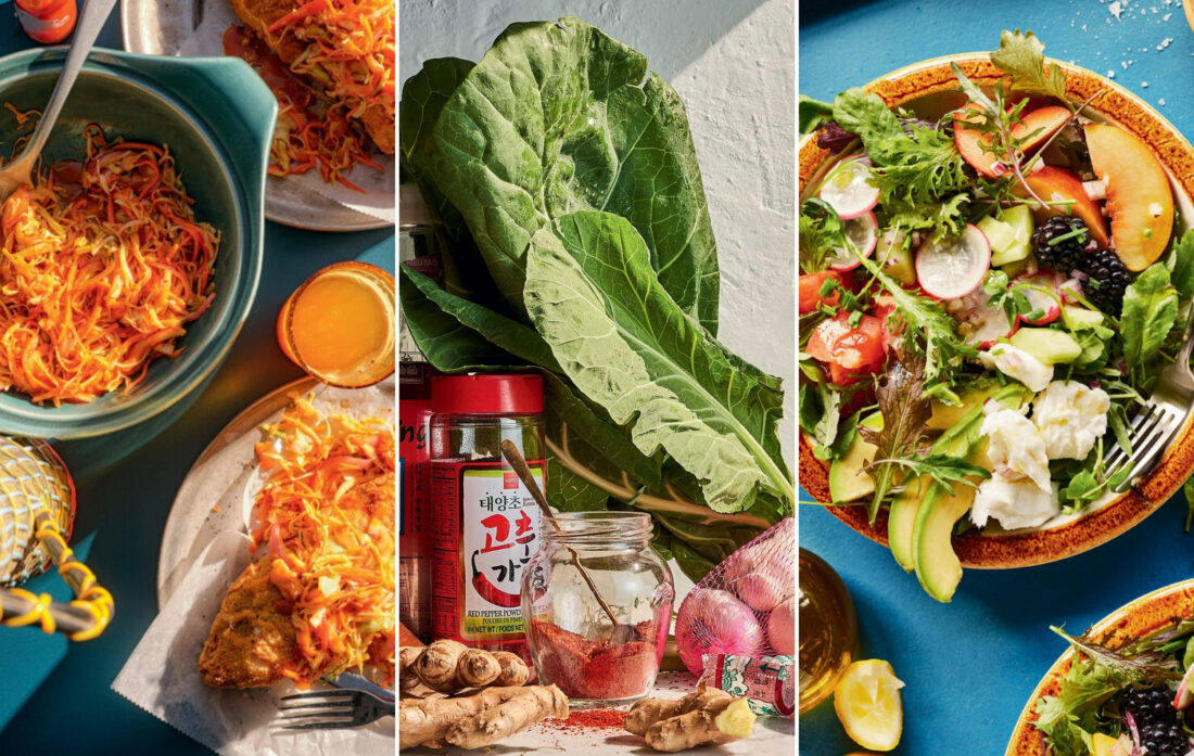sweet and tangy slaw, collard kimchi, summer salad with peaches