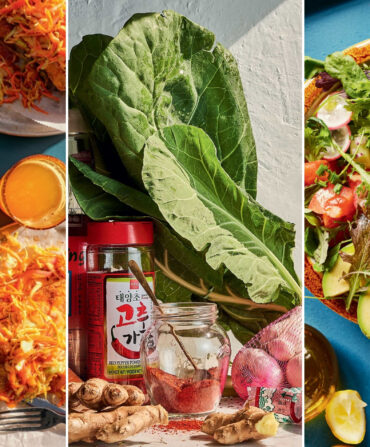 sweet and tangy slaw, collard kimchi, summer salad with peaches