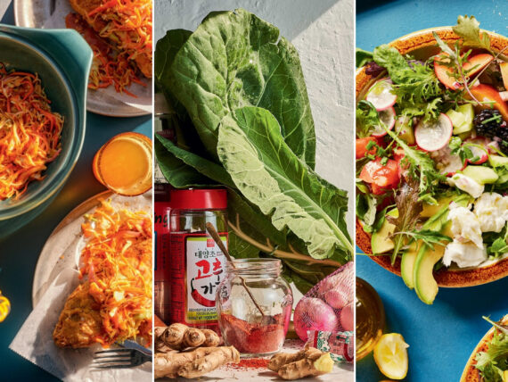 sweet and tangy slaw, collard kimchi, summer salad with peaches