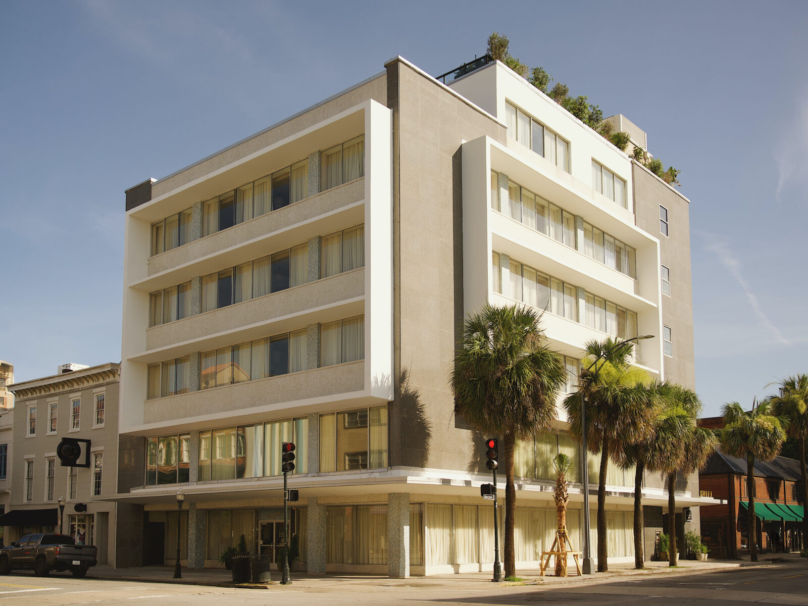 The outside exterior of a midcentury modern building
