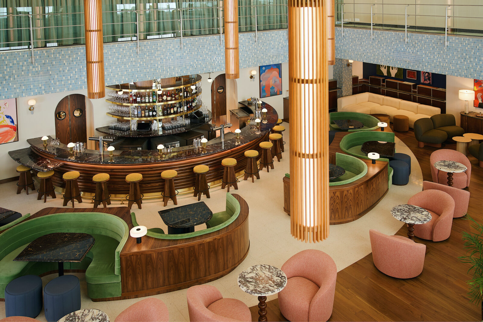 A lobby with curved seats