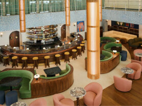A lobby with curved seats