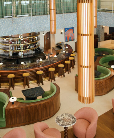 A lobby with curved seats