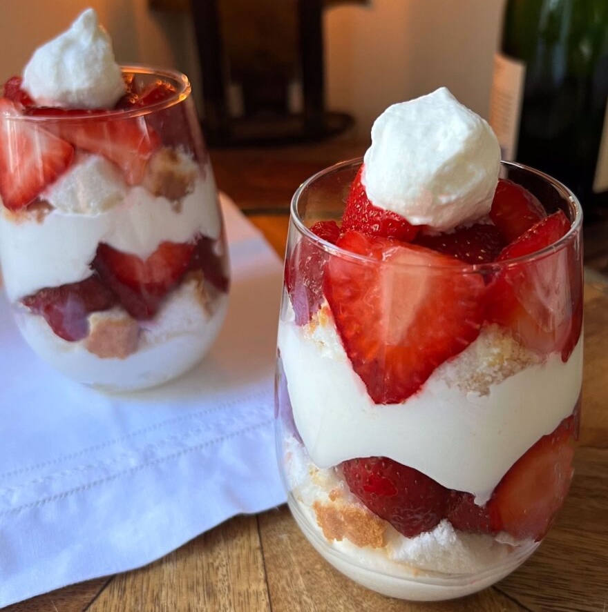 berry champagne trifle with strawberries and whipped cream