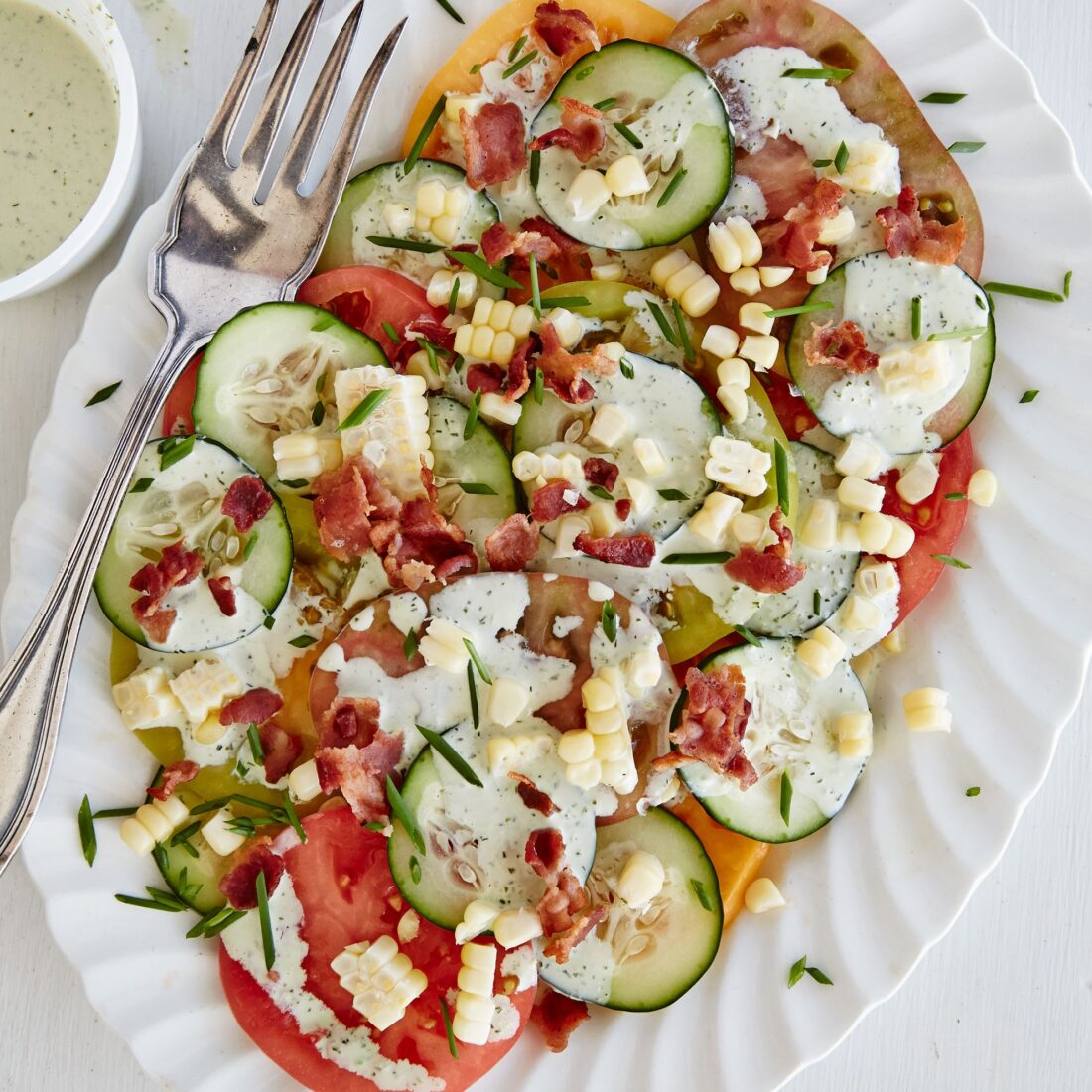 corn, tomato, and cucumber salad
