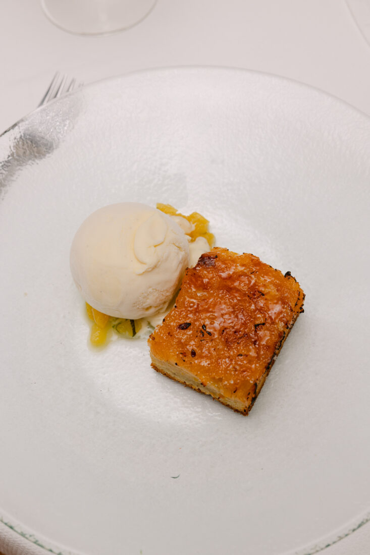 A pineapple butter cake with vanilla rum ice cream for dessert.