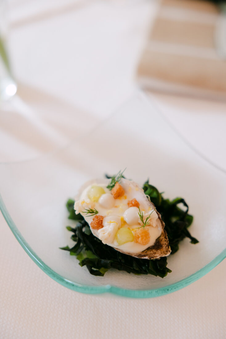 The amuse-bouche: cauliflower panna cotta with oyster emulsion and pickled vegetables