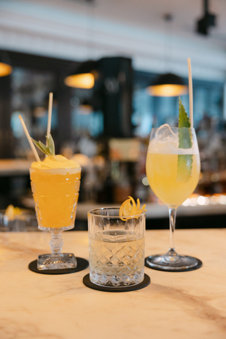 Coastal cocktails inspired by southwest Florida: the Southern Standard with whiskey and orange bitters; the Citrine Soul with vodka, lemon, and pineapple; and the zero-proof Everglow with sparkling water and passion fruit.