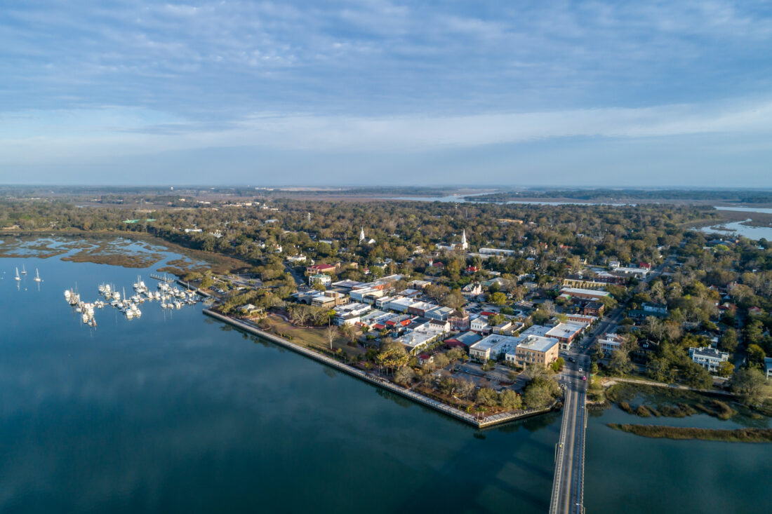 An aerial of a coastal town
