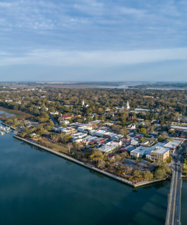 An aerial of a coastal town
