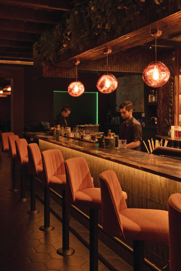 A dimly lit cocktail bar