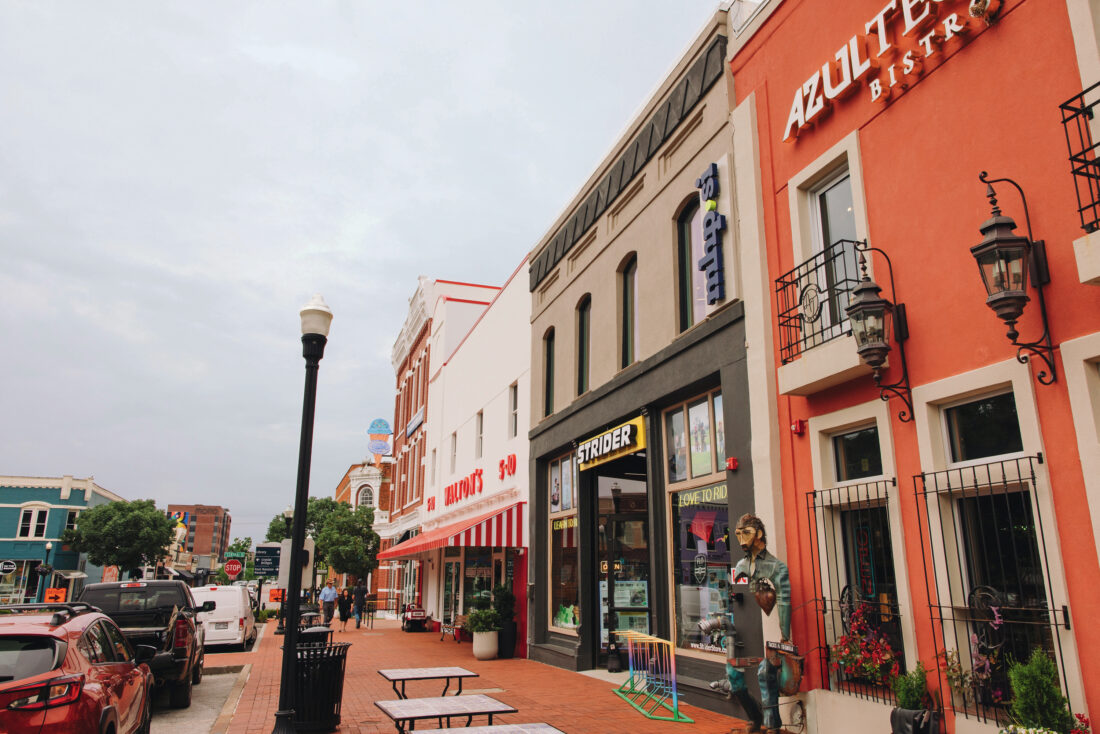 A downtown with storefronts