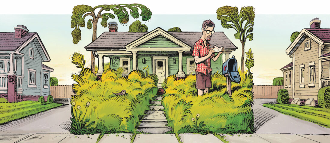 An illustration of a man standing in a front yard with tall grass