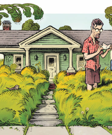 An illustration of a man standing in a front yard with tall grass
