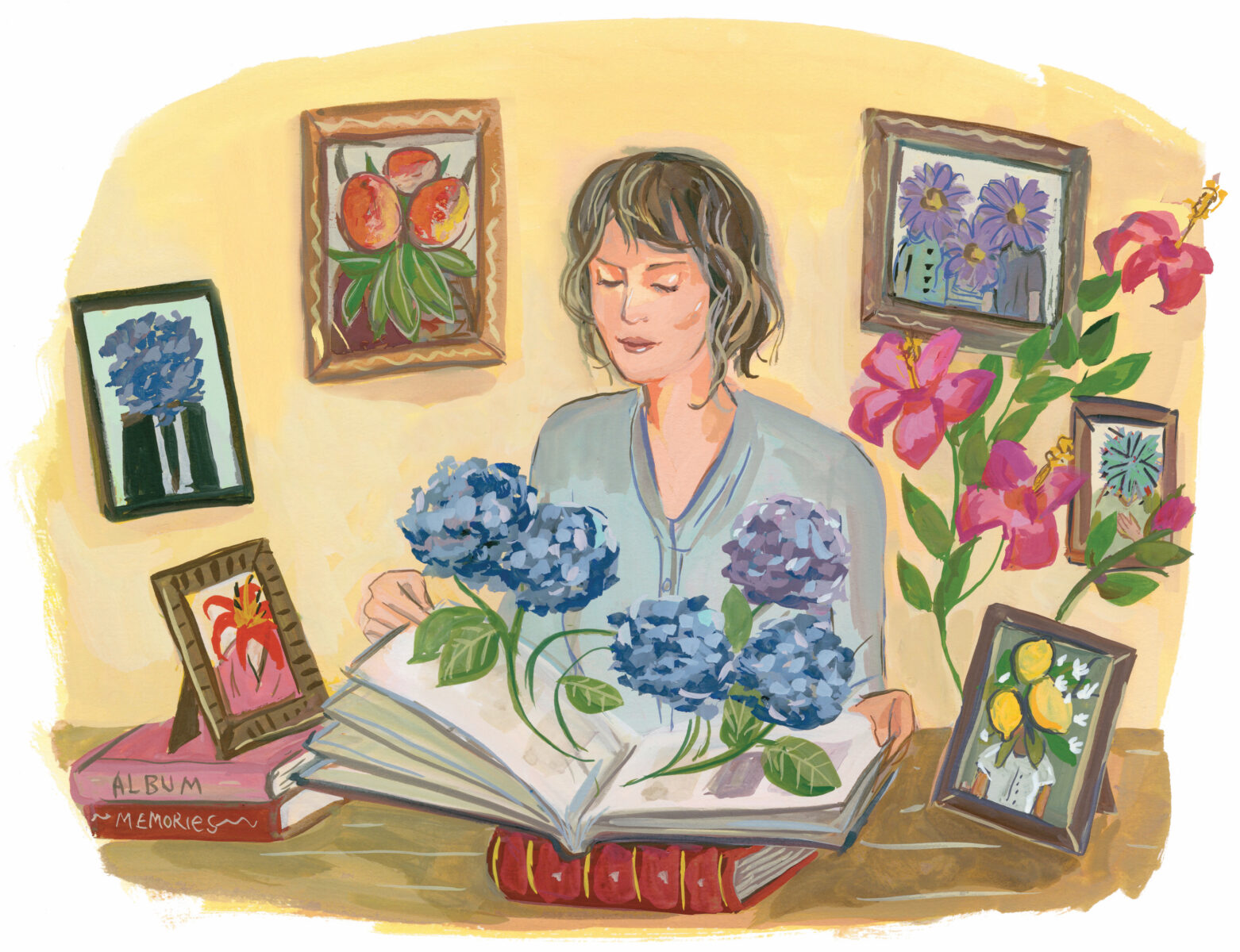 An illustration of a woman sitting at a table surrounded by plants and framed photos of plants