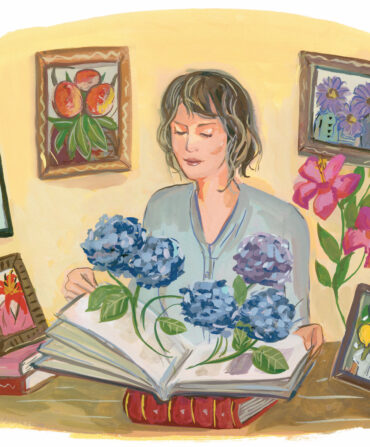 An illustration of a woman sitting at a table surrounded by plants and framed photos of plants